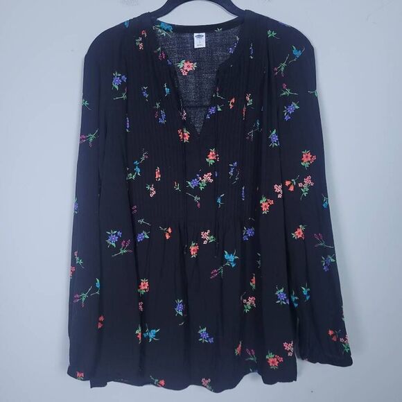 Old Navy Womens Floral Top Black Size Large Boho Long Sleeve Feminine Flowy - Picture 1 of 7